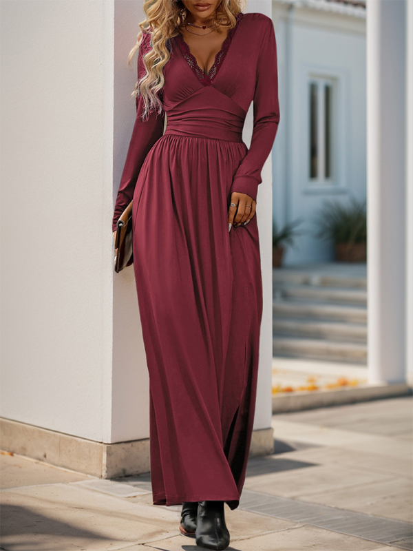 Blue Zone Planet | Mia's Solid Color V-Neck Slit Slim Maxi Dress-TOPS / DRESSES-[Adult]-[Female]-2022 Online Blue Zone Planet