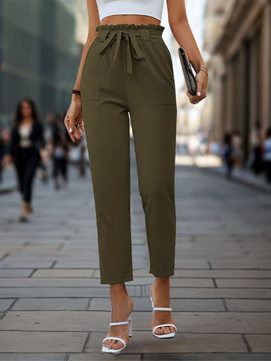 Blue Zone Planet | New solid color lace-up elastic waist trousers simple commuter tapered trousers-[Adult]-[Female]-Olive green-S-2022 Online Blue Zone Planet