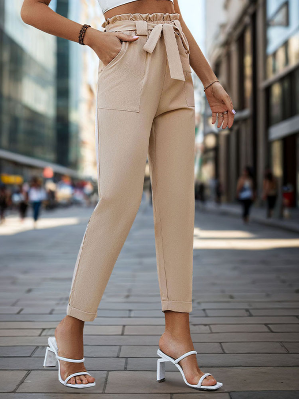 Blue Zone Planet | New solid color lace-up elastic waist trousers simple commuter tapered trousers-[Adult]-[Female]-2022 Online Blue Zone Planet