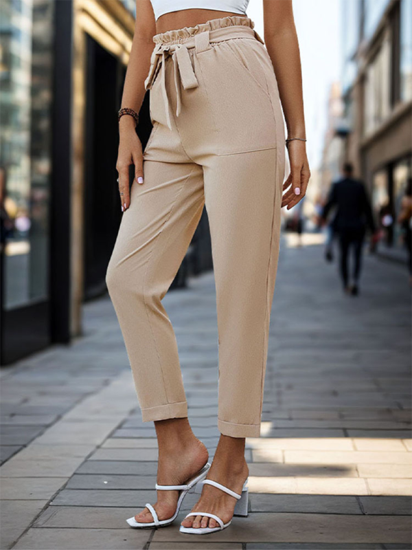 Blue Zone Planet | New solid color lace-up elastic waist trousers simple commuter tapered trousers-[Adult]-[Female]-Khaki-S-2022 Online Blue Zone Planet