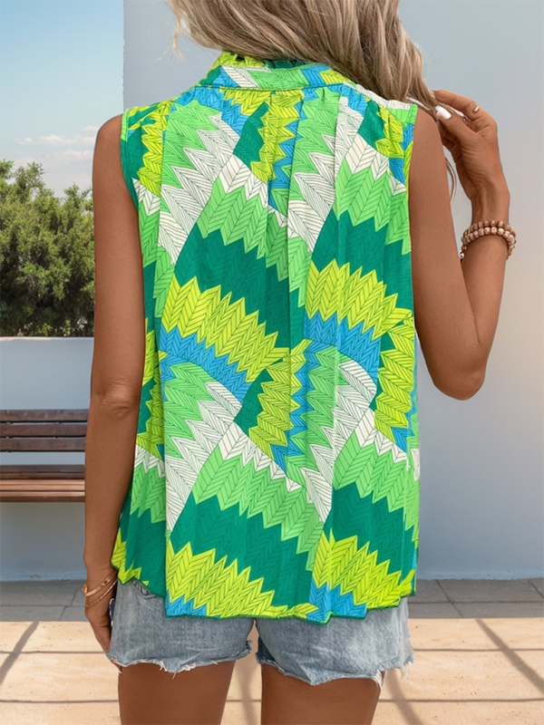 Blue Zone Planet | Women's Green Lace-Up Plant Print Sleeveless Shirt-[Adult]-[Female]-2022 Online Blue Zone Planet