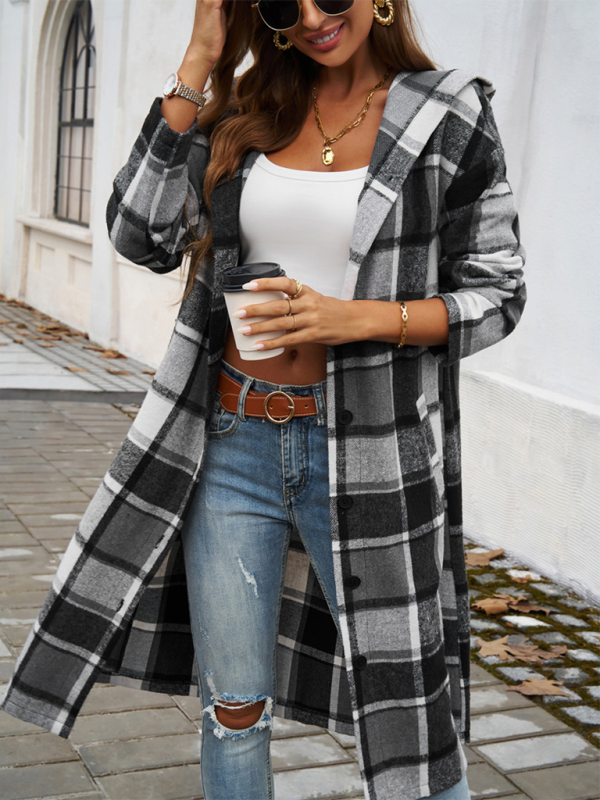 Blue Zone Planet | Women's loose check contrast color buttoned hooded jacket-Tops / Dresses-[Adult]-[Female]-Grey-S-2022 Online Blue Zone Planet