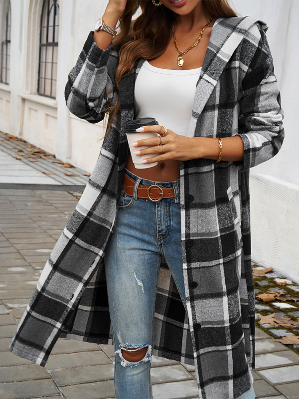 Blue Zone Planet | Women's loose check contrast color buttoned hooded jacket-Tops / Dresses-[Adult]-[Female]-2022 Online Blue Zone Planet