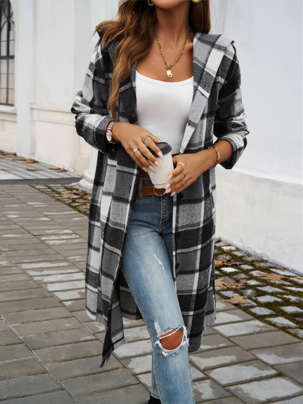 Blue Zone Planet | Women's loose check contrast color buttoned hooded jacket-Tops / Dresses-[Adult]-[Female]-2022 Online Blue Zone Planet