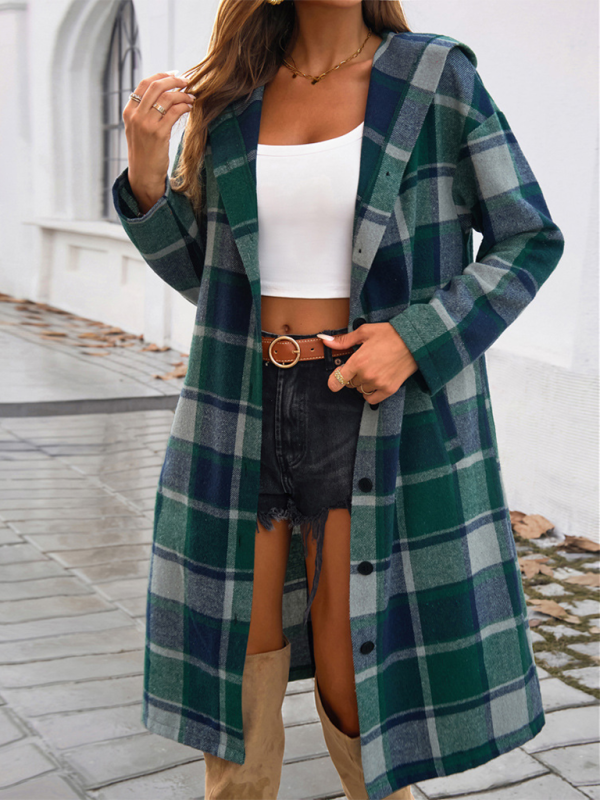 Blue Zone Planet | Women's loose check contrast color buttoned hooded jacket-Tops / Dresses-[Adult]-[Female]-Green-S-2022 Online Blue Zone Planet