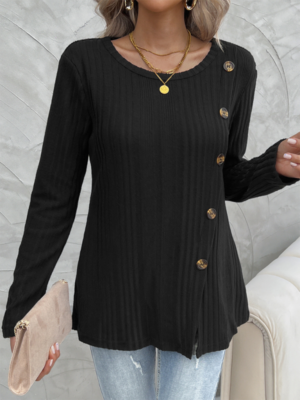 Blue Zone Planet | Women's round neck slit button long sleeve top-[Adult]-[Female]-2022 Online Blue Zone Planet