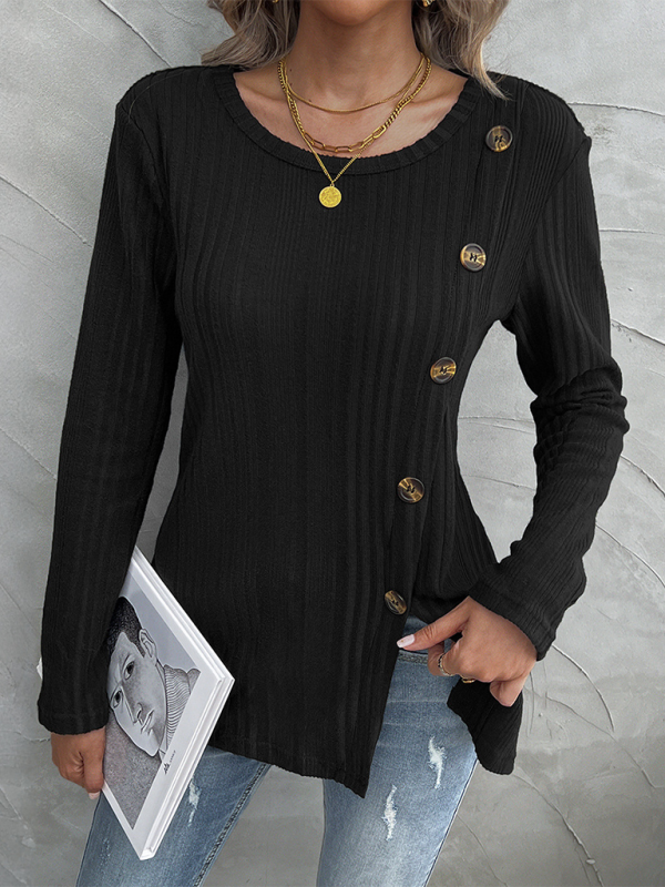 Blue Zone Planet | Women's round neck slit button long sleeve top-[Adult]-[Female]-2022 Online Blue Zone Planet