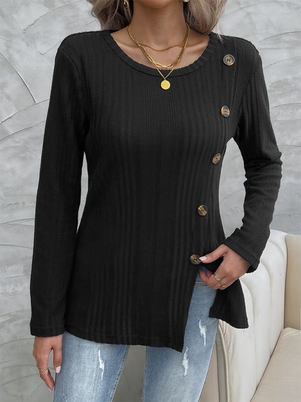 Blue Zone Planet | Women's round neck slit button long sleeve top-[Adult]-[Female]-2022 Online Blue Zone Planet