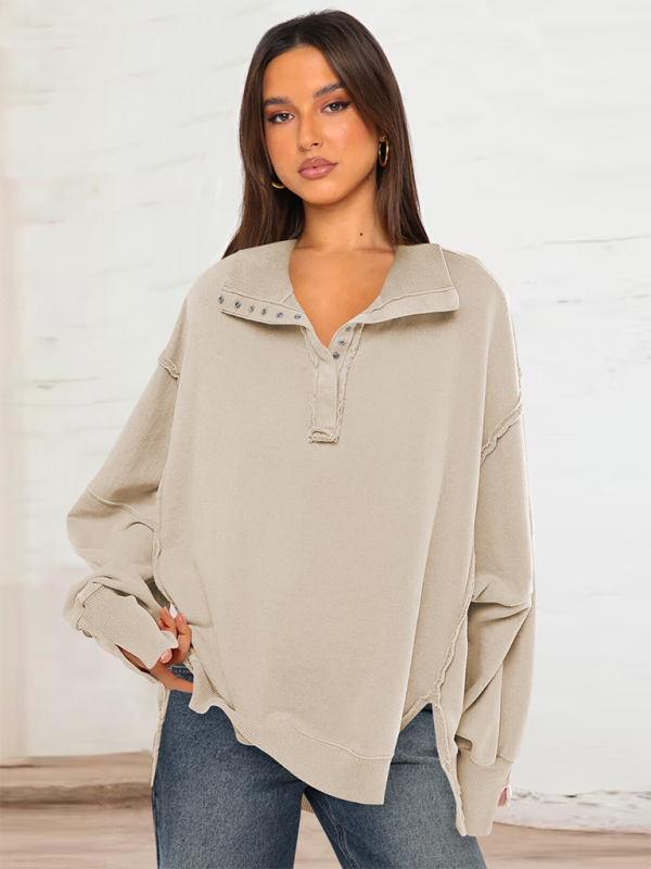 Blue Zone Planet | Women's Lantern Sleeve Decorative Lines Split Lapel Loose Sweatshirt-TOPS / DRESSES-[Adult]-[Female]-White-S-2022 Online Blue Zone Planet