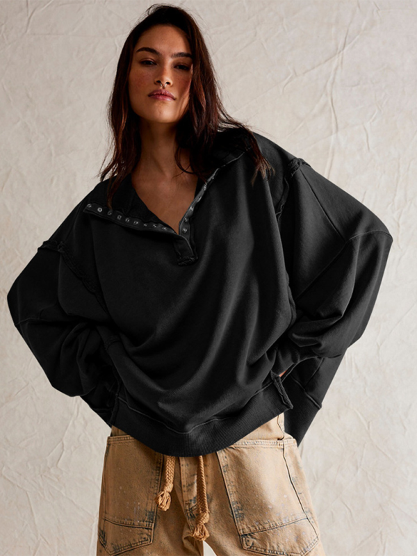 Blue Zone Planet | Women's Lantern Sleeve Decorative Lines Split Lapel Loose Sweatshirt-TOPS / DRESSES-[Adult]-[Female]-Grey-S-2022 Online Blue Zone Planet