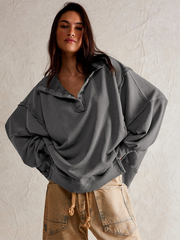 Blue Zone Planet | Women's Lantern Sleeve Decorative Lines Split Lapel Loose Sweatshirt-TOPS / DRESSES-[Adult]-[Female]-Cracker khaki-S-2022 Online Blue Zone Planet