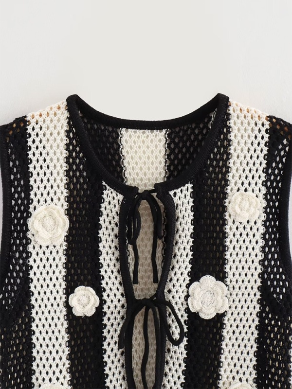 Blue Zone Planet | New patchwork hand-appliqué lace-up knitted vest-TOPS / DRESSES-[Adult]-[Female]-2022 Online Blue Zone Planet