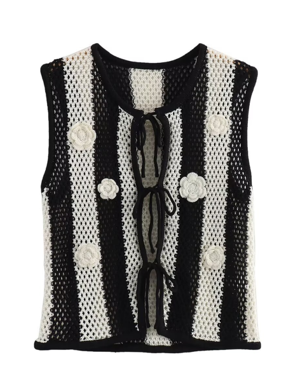 Blue Zone Planet | New patchwork hand-appliqué lace-up knitted vest-TOPS / DRESSES-[Adult]-[Female]-Black-S-2022 Online Blue Zone Planet
