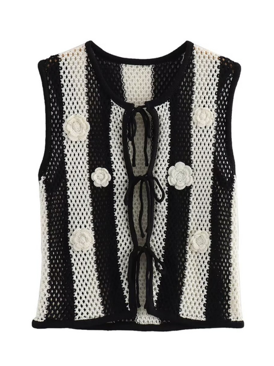 Blue Zone Planet | New patchwork hand-appliqué lace-up knitted vest-TOPS / DRESSES-[Adult]-[Female]-Black-S-2022 Online Blue Zone Planet