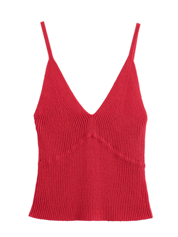 Blue Zone Planet | New Street V-Neck Knitted Spaghetti Strap Top-TOPS / DRESSES-[Adult]-[Female]-Red-S-2022 Online Blue Zone Planet