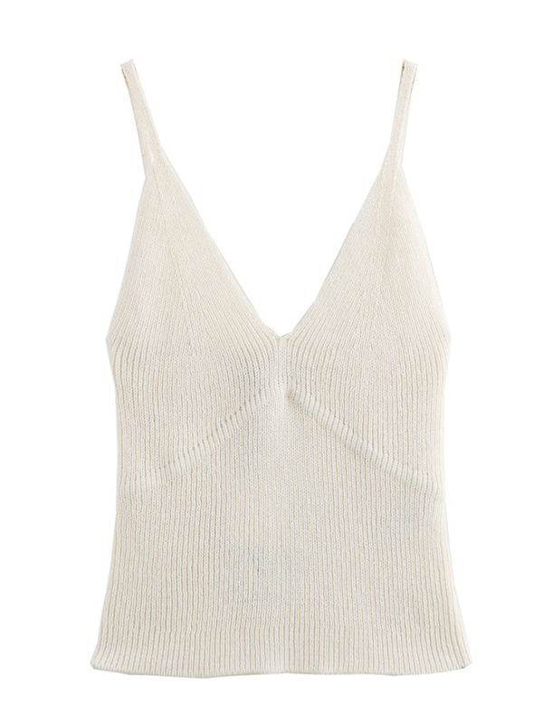 Blue Zone Planet | New Street V-Neck Knitted Spaghetti Strap Top-TOPS / DRESSES-[Adult]-[Female]-White-S-2022 Online Blue Zone Planet