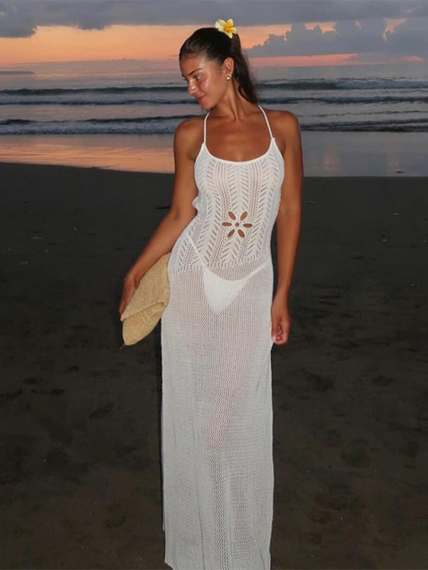 Blue Zone Planet | Kate's Knitted Hollow Backless Lace-up White U-neck Maxi Dress-TOPS / DRESSES-[Adult]-[Female]-2022 Online Blue Zone Planet