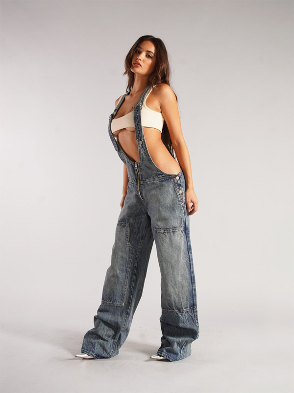 Blue Zone Planet | Women's New Loose Casual Pocket Wide Leg Pants Zipper Denim Overalls-TOPS / DRESSES-[Adult]-[Female]-2022 Online Blue Zone Planet