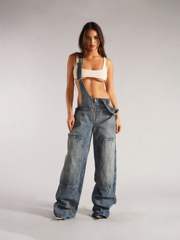 Blue Zone Planet | Women's New Loose Casual Pocket Wide Leg Pants Zipper Denim Overalls-TOPS / DRESSES-[Adult]-[Female]-Blue-S-2022 Online Blue Zone Planet