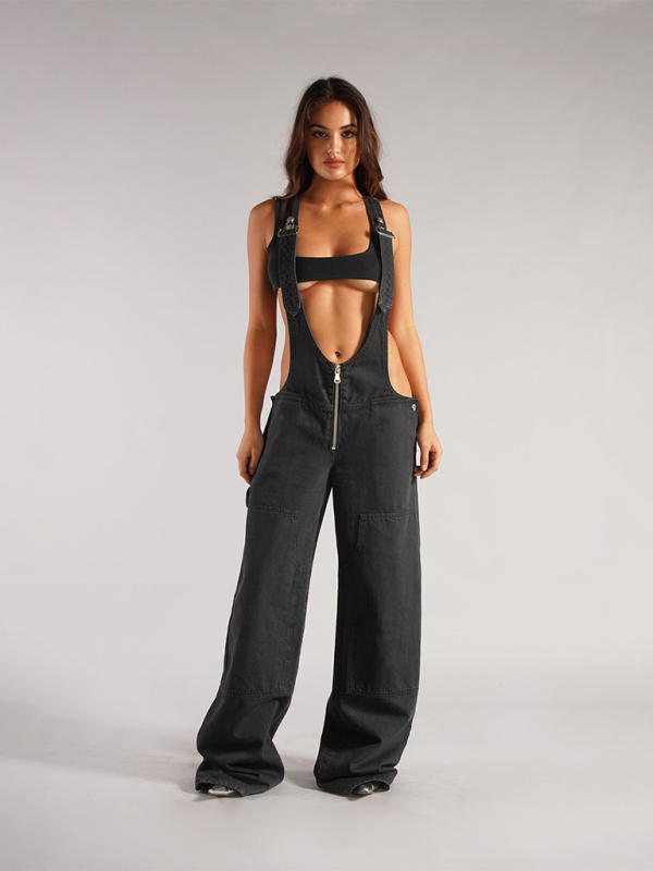 Blue Zone Planet | Women's New Loose Casual Pocket Wide Leg Pants Zipper Denim Overalls-TOPS / DRESSES-[Adult]-[Female]-Black-S-2022 Online Blue Zone Planet