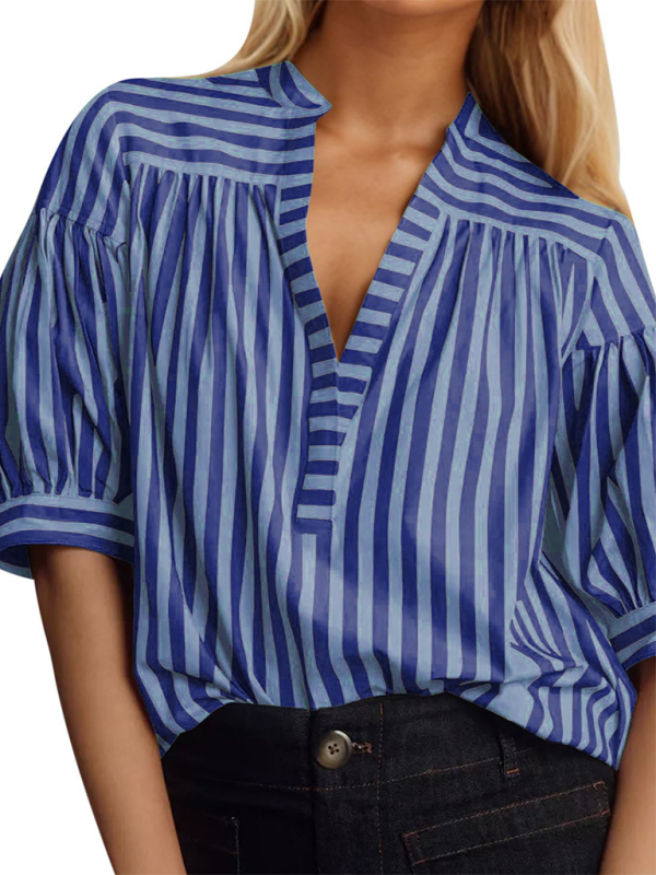 Blue Zone Planet | New Women's Shirt Casual Striped V-Neck Top-TOPS / DRESSES-[Adult]-[Female]-Blue-S-2022 Online Blue Zone Planet