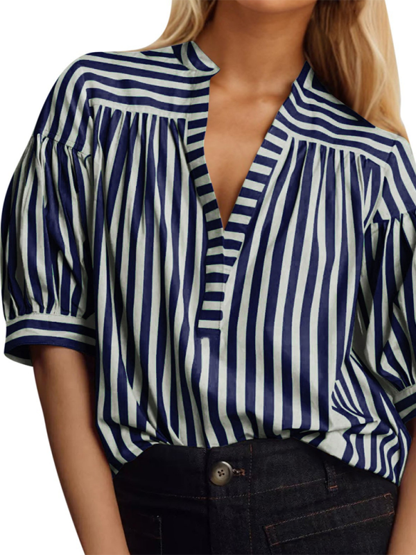 Blue Zone Planet | New Women's Shirt Casual Striped V-Neck Top-TOPS / DRESSES-[Adult]-[Female]-Champlain color-S-2022 Online Blue Zone Planet