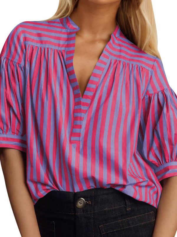 Blue Zone Planet | New Women's Shirt Casual Striped V-Neck Top-TOPS / DRESSES-[Adult]-[Female]-Purplish red-S-2022 Online Blue Zone Planet