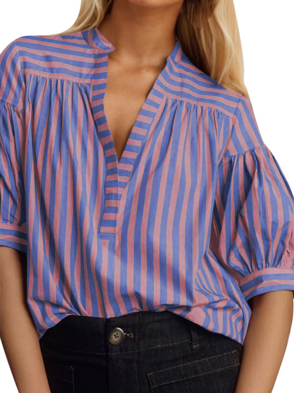 Blue Zone Planet | New Women's Shirt Casual Striped V-Neck Top-TOPS / DRESSES-[Adult]-[Female]-Purple-S-2022 Online Blue Zone Planet