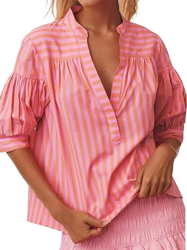 Blue Zone Planet | New Women's Shirt Casual Striped V-Neck Top-TOPS / DRESSES-[Adult]-[Female]-Pink-S-2022 Online Blue Zone Planet