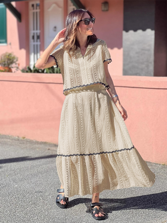 Blue Zone Planet | New women's comfortable casual shirt collar lace long skirt suit-TOPS / DRESSES-[Adult]-[Female]-Cracker khaki-S-2022 Online Blue Zone Planet