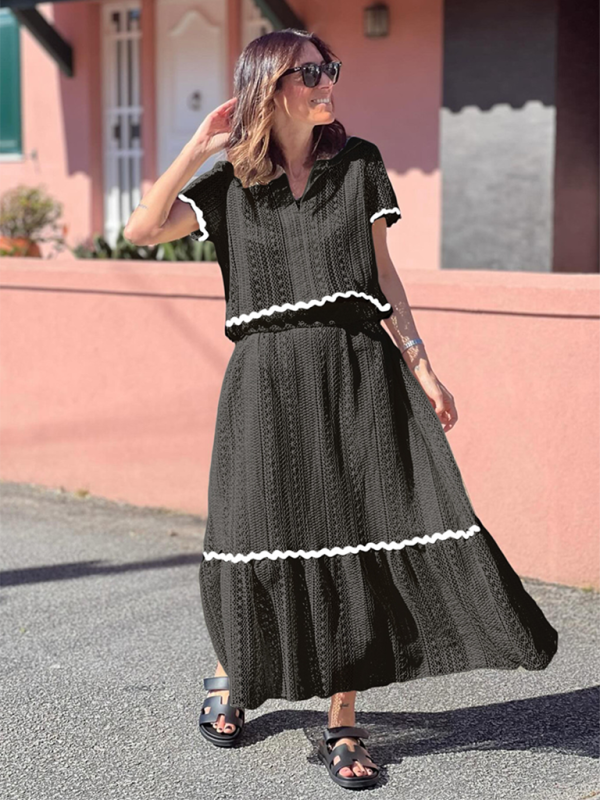 Blue Zone Planet | New women's comfortable casual shirt collar lace long skirt suit-TOPS / DRESSES-[Adult]-[Female]-Black-S-2022 Online Blue Zone Planet