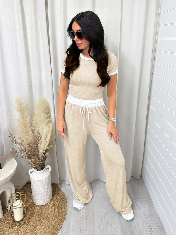 round neck contrast color short sleeve fashion wide leg pants sports suit-[Adult]-[Female]-2022 Online Blue Zone Planet