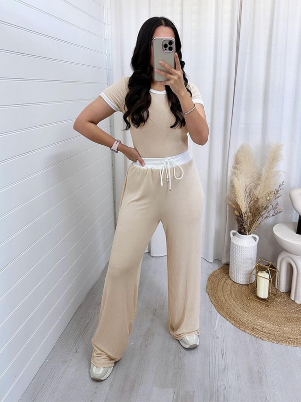 round neck contrast color short sleeve fashion wide leg pants sports suit-[Adult]-[Female]-2022 Online Blue Zone Planet