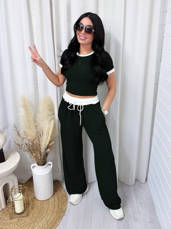 round neck contrast color short sleeve fashion wide leg pants sports suit-[Adult]-[Female]-2022 Online Blue Zone Planet