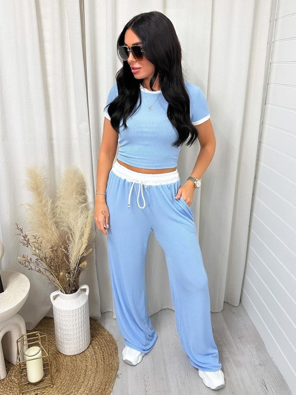 round neck contrast color short sleeve fashion wide leg pants sports suit-[Adult]-[Female]-2022 Online Blue Zone Planet