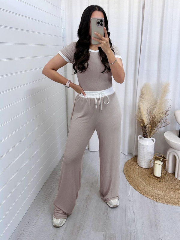 round neck contrast color short sleeve fashion wide leg pants sports suit-[Adult]-[Female]-2022 Online Blue Zone Planet