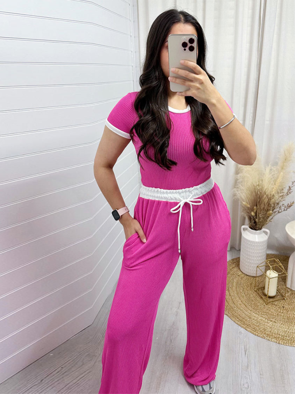 round neck contrast color short sleeve fashion wide leg pants sports suit-[Adult]-[Female]-Rose-S-2022 Online Blue Zone Planet