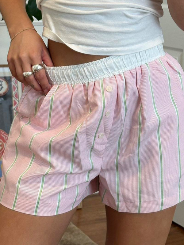 elastic waist loose sports straight home striped shorts-[Adult]-[Female]-2022 Online Blue Zone Planet