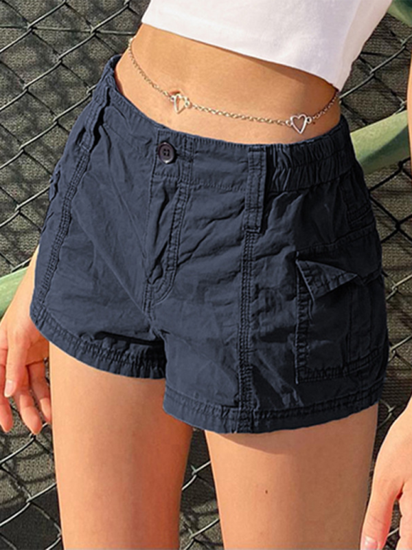 hot girl street retro distressed low waist asymmetric pocket workwear shorts-[Adult]-[Female]-Blue-S-2022 Online Blue Zone Planet