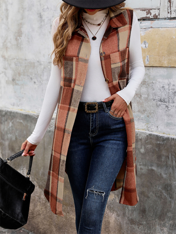 Blue Zone Planet | New Sleeveless Lapel Cardigan Jacket Retro Mid-Length Plaid Vest-TOPS / DRESSES-[Adult]-[Female]-2022 Online Blue Zone Planet