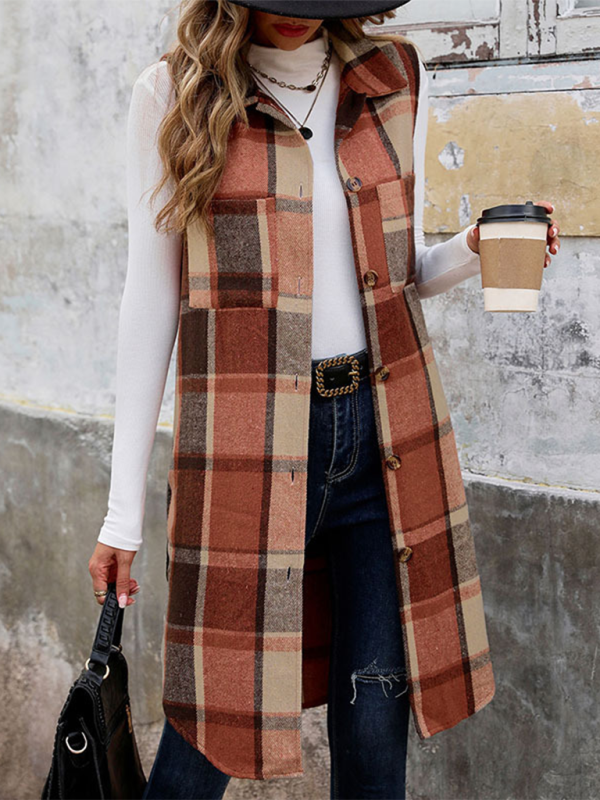 Blue Zone Planet | New Sleeveless Lapel Cardigan Jacket Retro Mid-Length Plaid Vest-TOPS / DRESSES-[Adult]-[Female]-2022 Online Blue Zone Planet