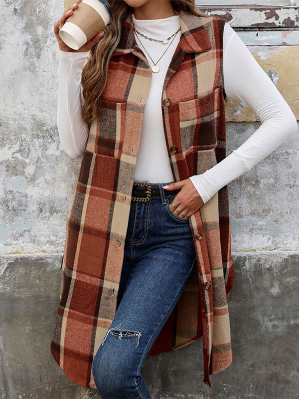 Blue Zone Planet | New Sleeveless Lapel Cardigan Jacket Retro Mid-Length Plaid Vest-TOPS / DRESSES-[Adult]-[Female]-Orange Red-S-2022 Online Blue Zone Planet