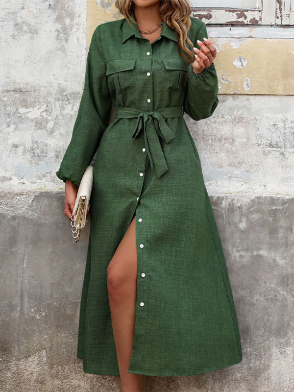 olive green long sleeve dresses Blue Planet | Lapel Green Long Sleeve Solid Color Dress