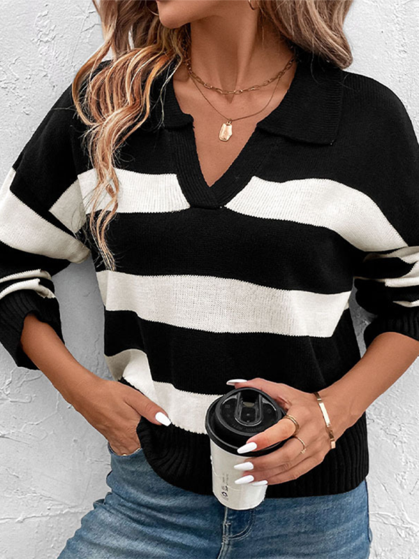 Blue Zone Planet | New women's loose tops black and white striped lapel sweaters-TOPS / DRESSES-[Adult]-[Female]-2022 Online Blue Zone Planet