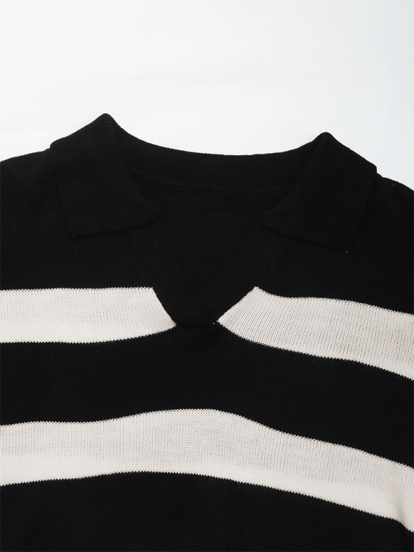 Blue Zone Planet | New women's loose tops black and white striped lapel sweaters-TOPS / DRESSES-[Adult]-[Female]-2022 Online Blue Zone Planet