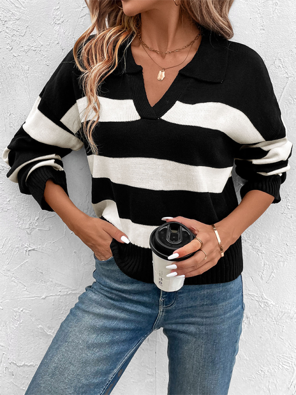 Blue Zone Planet | New women's loose tops black and white striped lapel sweaters-TOPS / DRESSES-[Adult]-[Female]-Black-S-2022 Online Blue Zone Planet