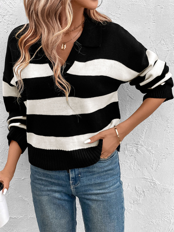 Blue Zone Planet | New women's loose tops black and white striped lapel sweaters-TOPS / DRESSES-[Adult]-[Female]-2022 Online Blue Zone Planet