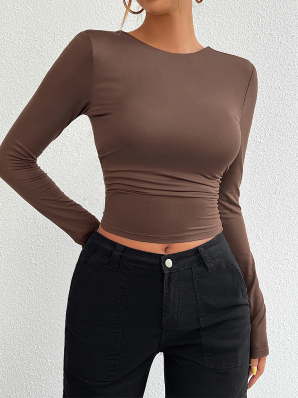 Slim Fit Open Back Crew Neck Knit Long Sleeve Top-[Adult]-[Female]-Coffee-S-2022 Online Blue Zone Planet