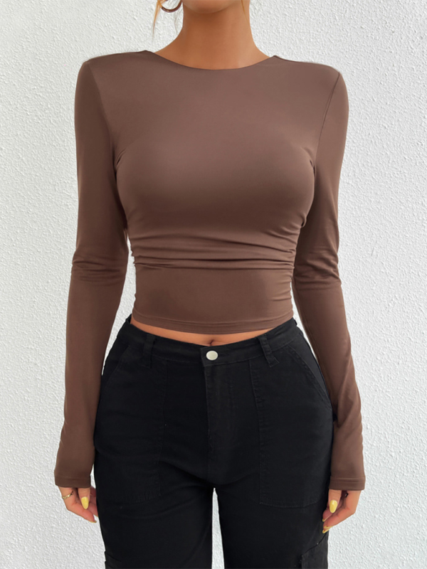 Slim Fit Open Back Crew Neck Knit Long Sleeve Top-[Adult]-[Female]-2022 Online Blue Zone Planet