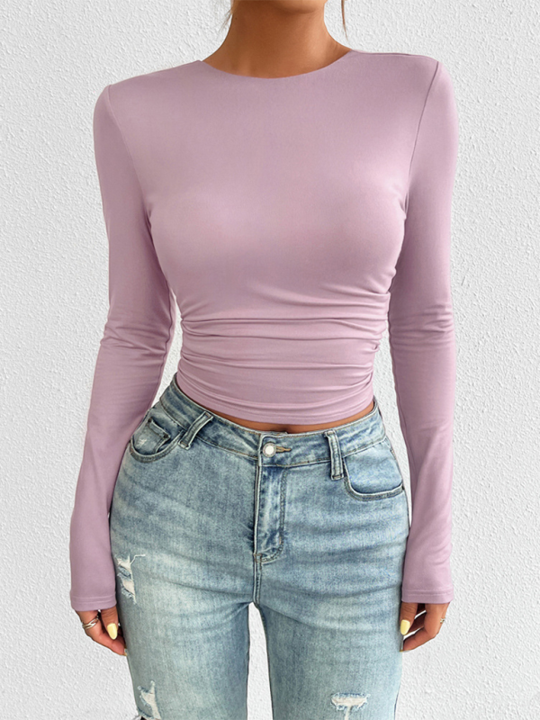 Slim Fit Open Back Crew Neck Knit Long Sleeve Top-[Adult]-[Female]-2022 Online Blue Zone Planet
